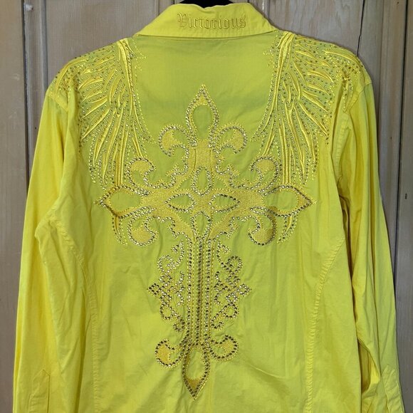 Victorious Vintage Mens Cross Bling Embellished Wings Shirt Medium Yellow SP EXC - Picture 1 of 11